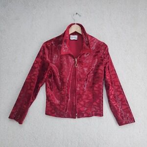 Joseph Ribkoff Jacket Womens S Red Metallic Snake Print Zip Front Crystal Pull